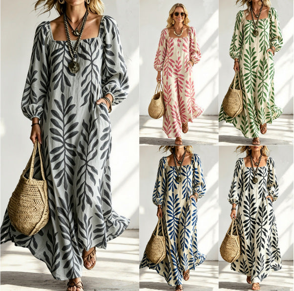 Damen Maxikleid mit quadratischem Ausschnitt, Ballonärmeln und botanischem Print Drune