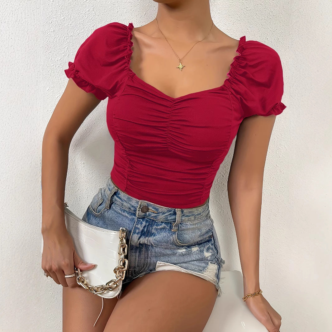 Damen figurbetontes Crop-Top mit Puffärmeln und Raffung Drune