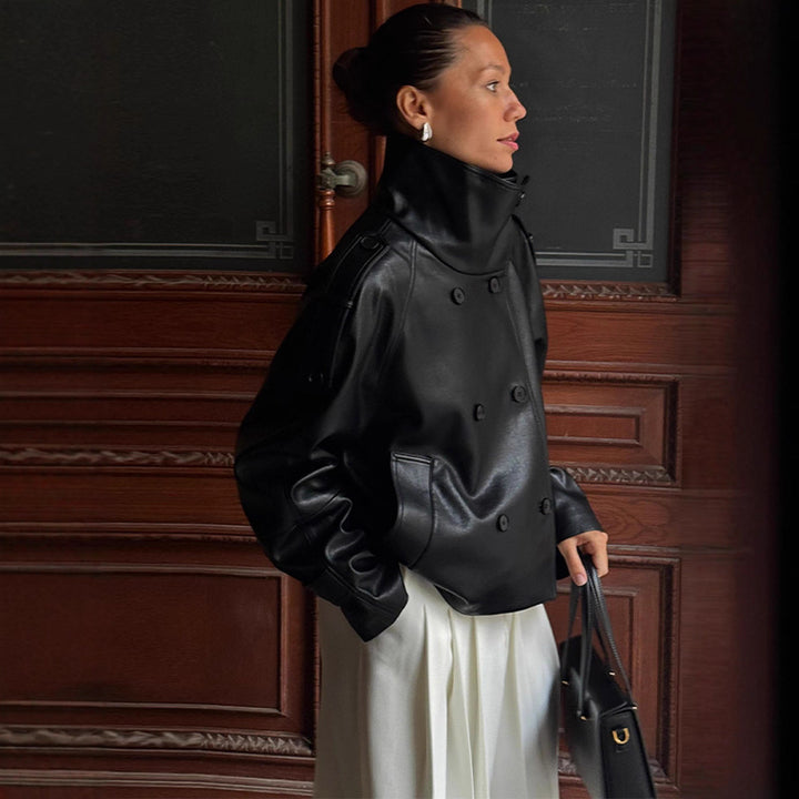 Damen Übergröße Kunstlederjacke mit asymmetrischem Revers Drune