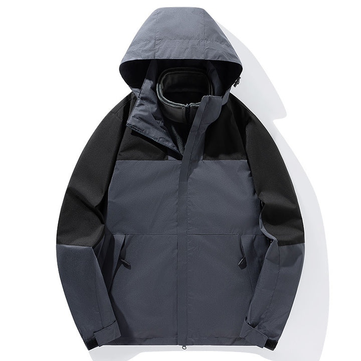 Herren zweilagige Softshell-Trekkingjacke mit fest integrierter Kapuze und fleecegefüttertem Kragen Drune