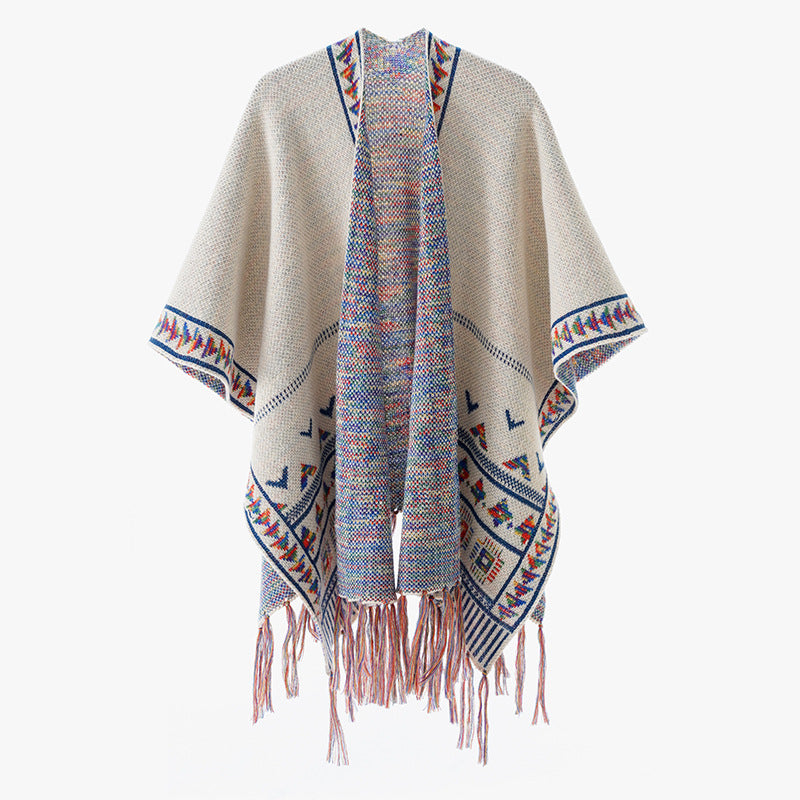 Damen Grobstrick-Poncho mit eingewebter Ethno‑Bordüre und Fransen Drune