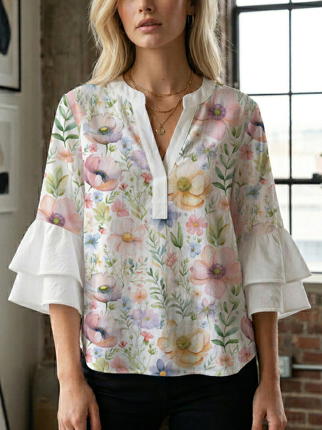 Damen elegantes Oberteil mit voluminösen Rüschensäumen und floralem Design Drune