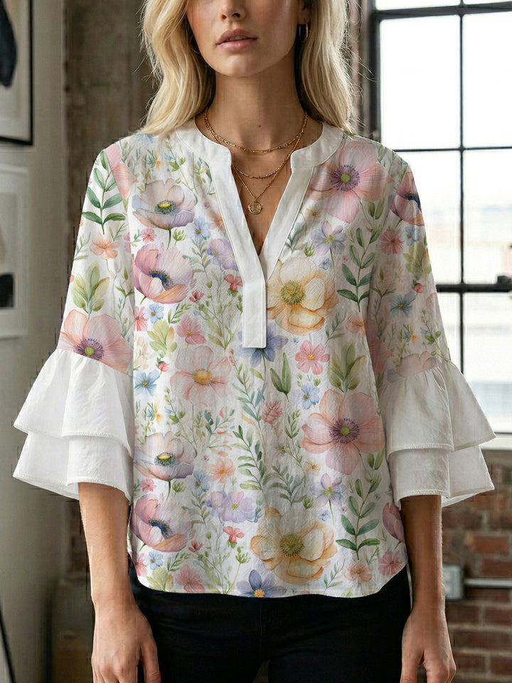 Damen elegantes Oberteil mit voluminösen Rüschensäumen und floralem Design Drune