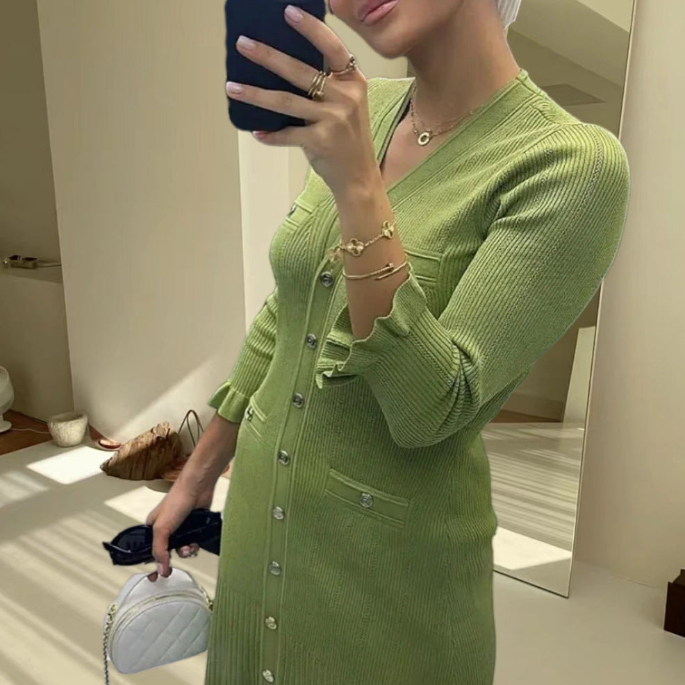 Damen Strickmaxikleid mit Knopfleiste und modischem V-Ausschnitt Drune