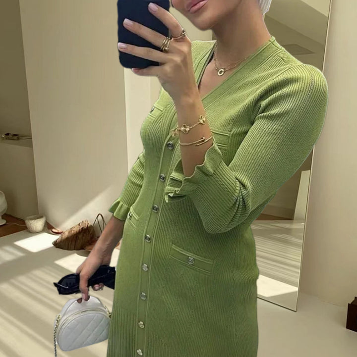 Damen Strickmaxikleid mit Knopfleiste und modischem V-Ausschnitt Drune