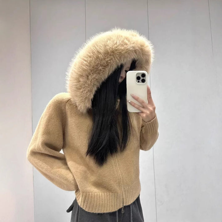 Damen kuschelige Strickjacke mit luxuriösem Pelzkragen und Reißverschluss Drune