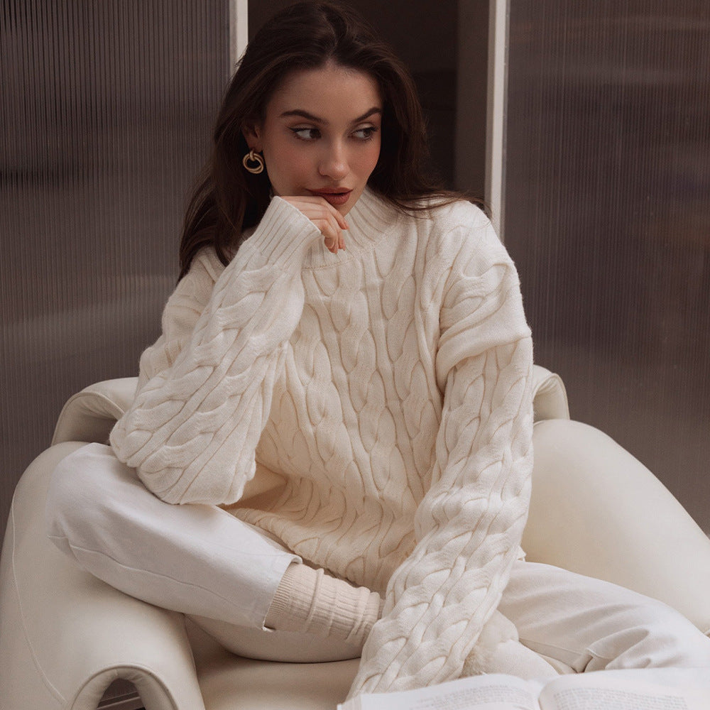 Damen Gemusterter Strickpullover mit hohem Kragen Drune