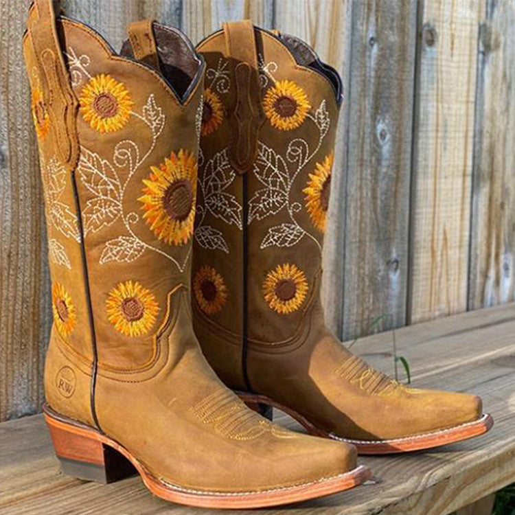 Damen Western-Stiefel mit Sonnenblumen-Stickerei und mittelhohem Blockabsatz Drune
