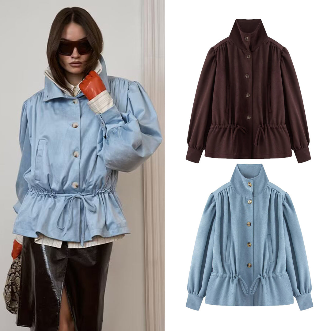 Damen Kurzjacke mit Stehkragen, Tunnelzug und Ballonärmeln Drune