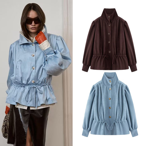 Damen Kurzjacke mit Stehkragen, Tunnelzug und Ballonärmeln Drune