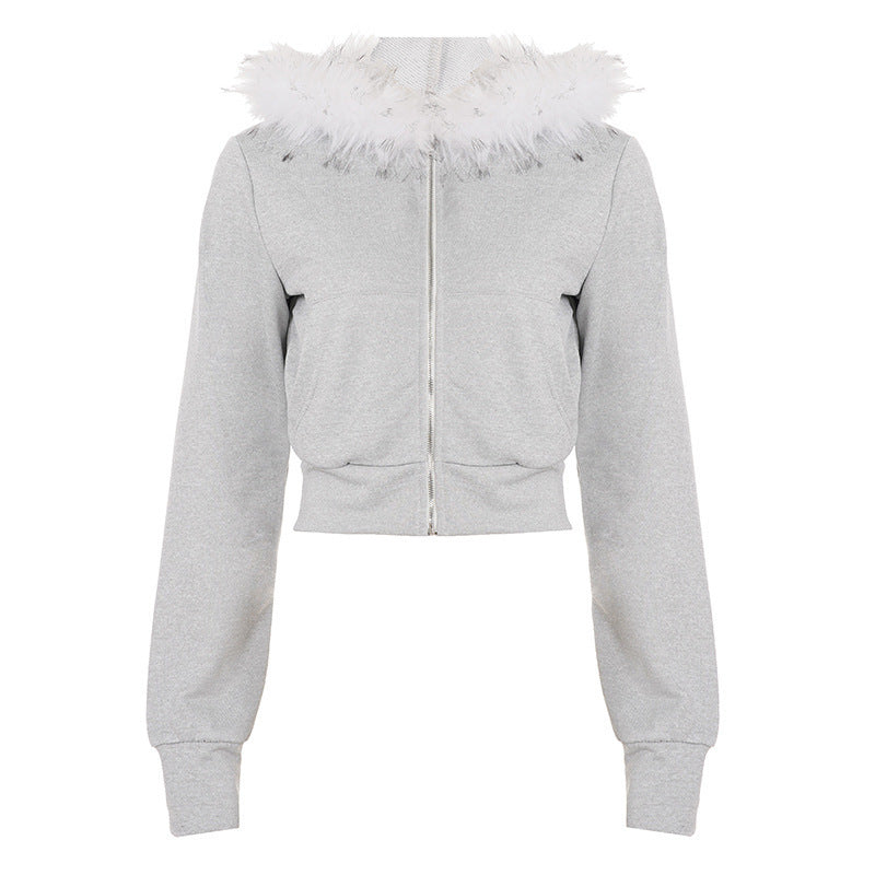 Damen Kurze Kapuzenjacke mit Reißverschluss, tailliertem Cropped-Schnitt und Kunstfellkragen Drune