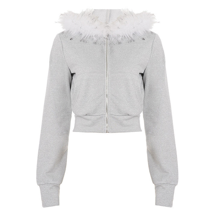 Damen Kurze Kapuzenjacke mit Reißverschluss, tailliertem Cropped-Schnitt und Kunstfellkragen Drune