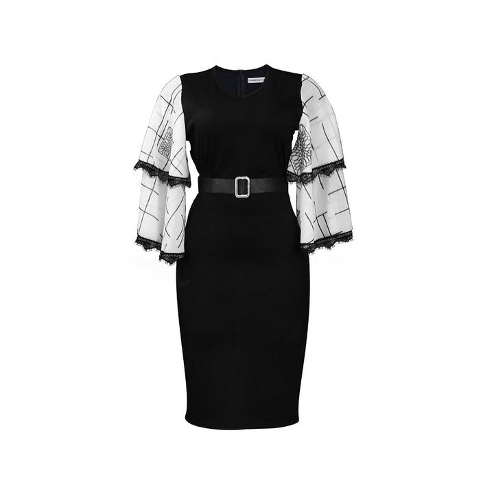 Damen Elegantes Etuikleid mit transparenten Spitzenärmeln und Gürtel Drune