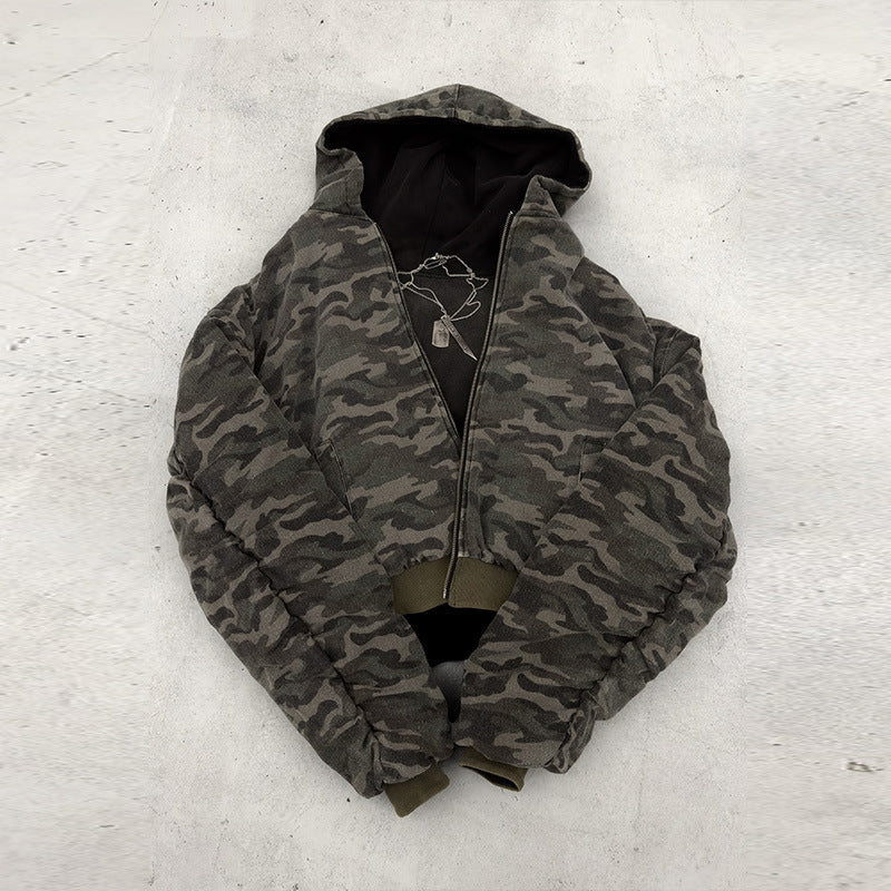 Herren nan kurz geschnittene Camouflage Kapuzenjacke im Bomberstil mit Teddyfutter und Zweiwege-Reißverschluss Drune