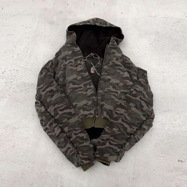 Herren nan kurz geschnittene Camouflage Kapuzenjacke im Bomberstil mit Teddyfutter und Zweiwege-Reißverschluss Drune