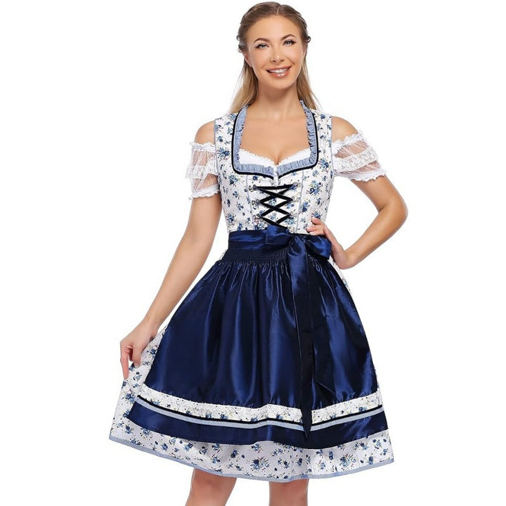 Damen nan klassisches Dirndlkleid mit geschnürtem Mieder, knielanger Trachtenrock und Satinschleife Drune