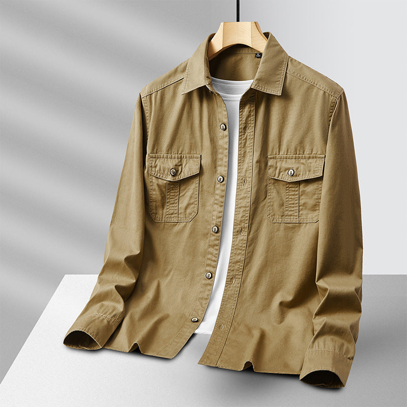 Herren leichte Baumwoll-Utility-Hemdjacke mit Pattentaschen und durchgehender Knopfleiste Drune