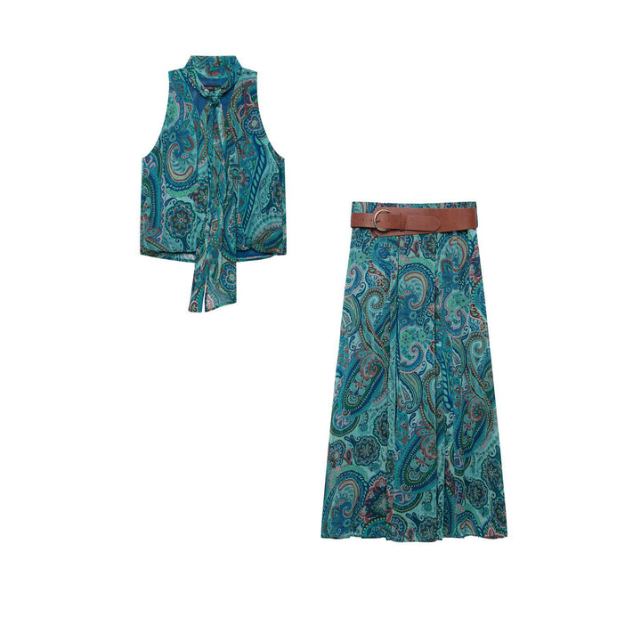 Damen Maxirock mit Paisley-Print, leichtem Fall, Plissee-Details und Taillengürtel Drune