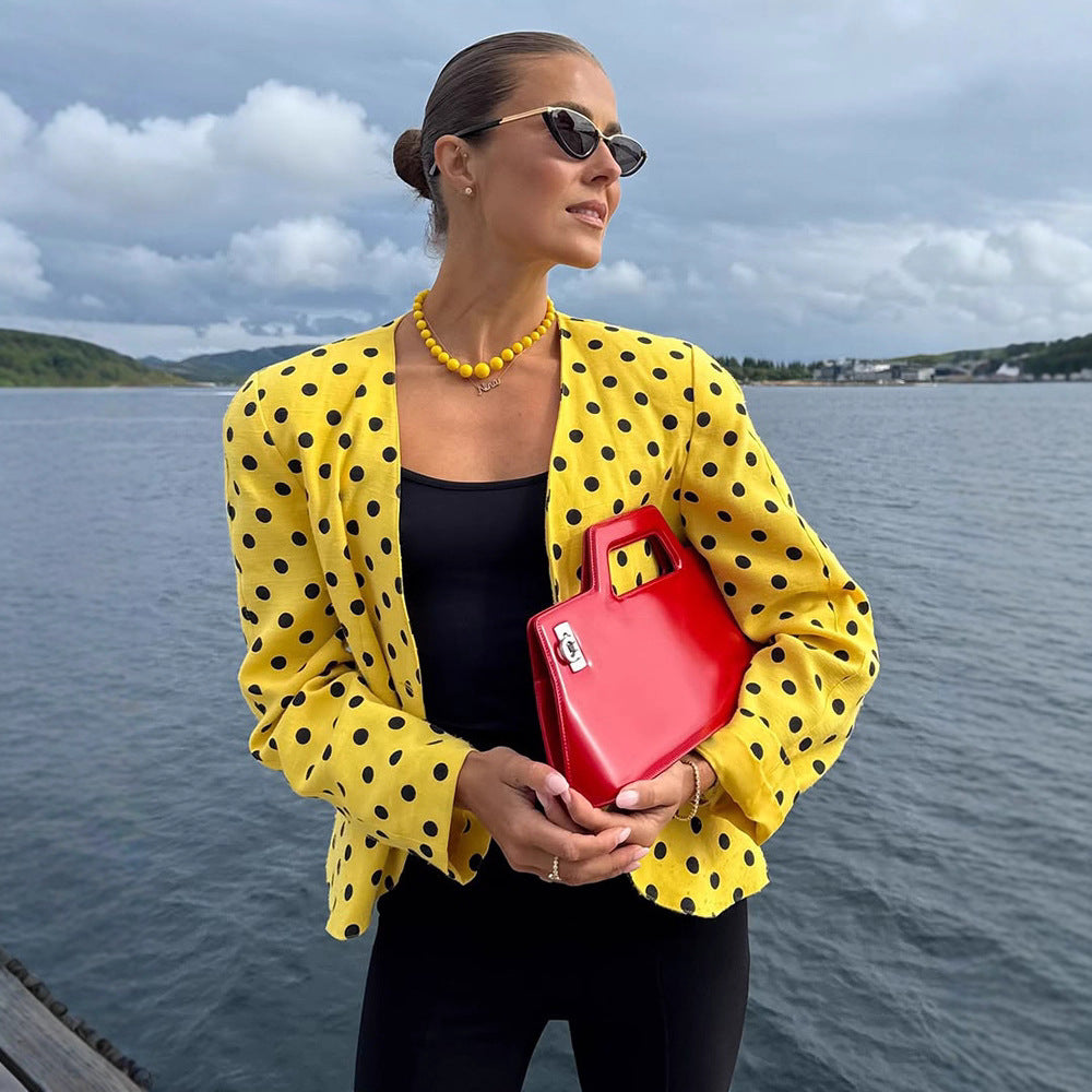 Damen Kurzblazer im Vintage-Punktmuster, Boxy-Cut & leichtem Leinenmix Drune