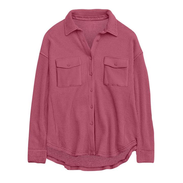 Damen nan oversized Waffelstrick Hemdjacke mit Brusttaschen und Knopfleiste Drune