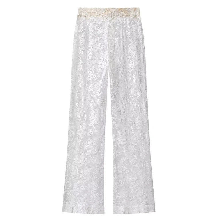 Damen Zweiteiliges Spitzenset mit Stehkragen‑Maxikleid und weiter Spitzenhose Drune