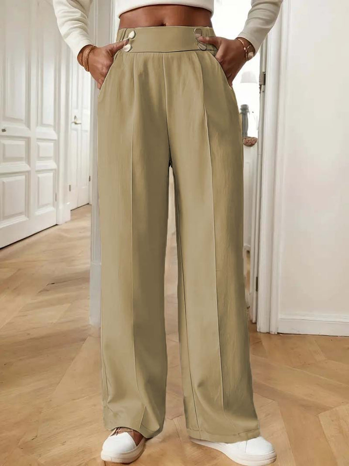 Damen Hochtaillierte Weite Palazzo‑Hose mit Bundknöpfen, Bügelfalte und Eingrifftaschen Drune