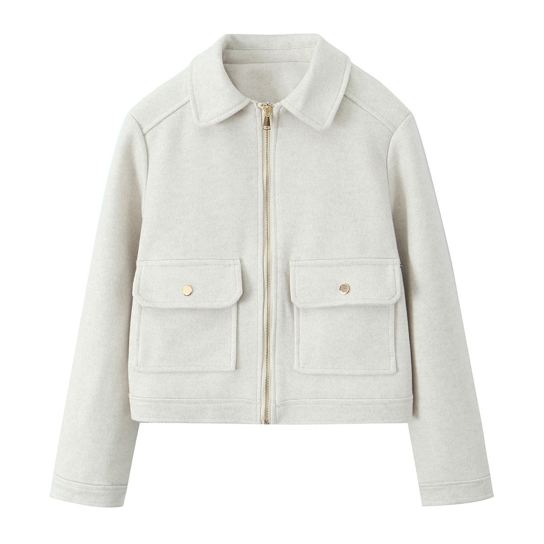 Damen Kurzjacke im Boxy‑Schnitt mit Reißverschluss, Pattentaschen und Hemdkragen Drune