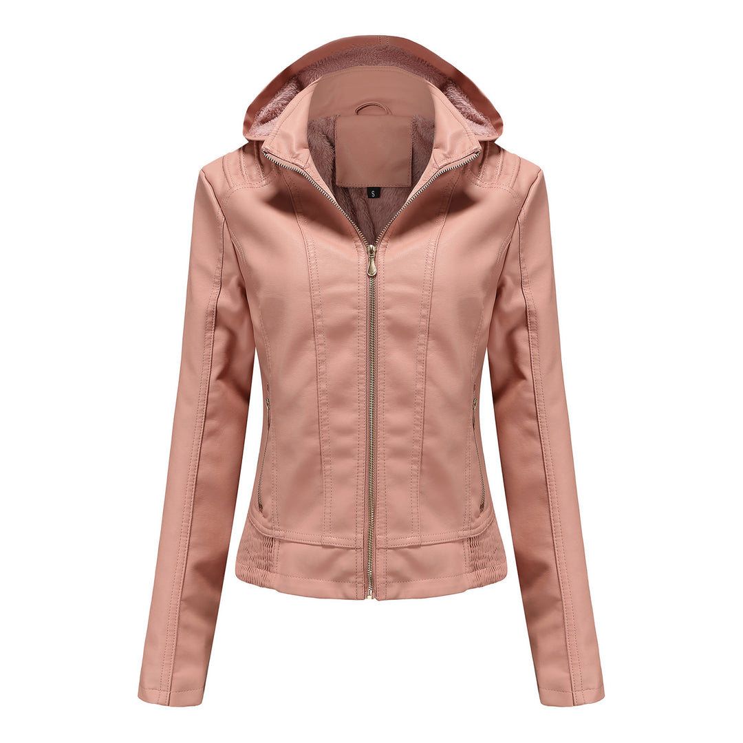 Damen nan taillierte Kunstlederjacke mit Kapuze, wattiertem Innenfutter und verdeckten Reißverschlusstaschen Drune