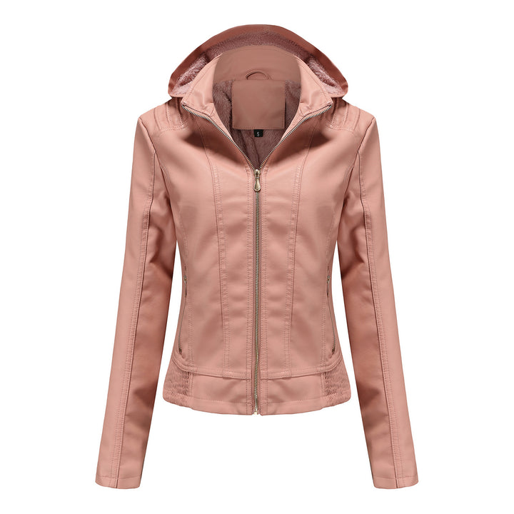 Damen nan taillierte Kunstlederjacke mit Kapuze, wattiertem Innenfutter und verdeckten Reißverschlusstaschen Drune
