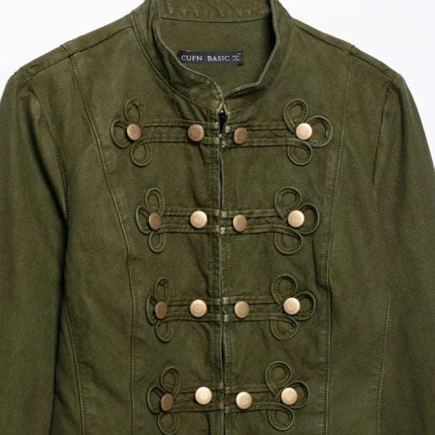 Damen Taillierte Cropped‑Militärjacke mit Zierknopfleiste und Stehkragen Drune