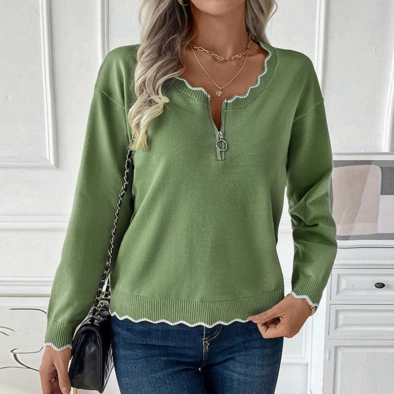 Damen Feinstrick-Pullover mit Reißverschluss-Kragen und gewellter Kontrastkante Drune