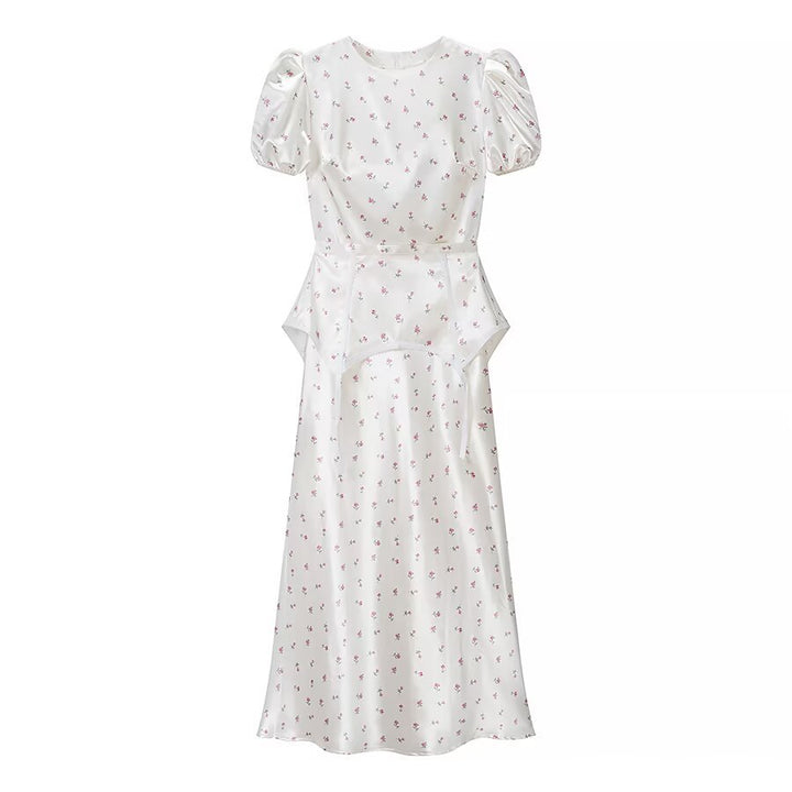 Damen Midikleid aus Satin mit Puffärmeln, integrierter Korsagen-Peplum und zartem Blumenprint Drune