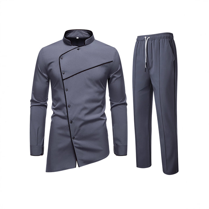 Herren Kochjacke- und Hose-Set aus pflegeleichtem Mikrofaser mit asymmetrischer Knopfleiste und schwarzer Paspelierung Drune