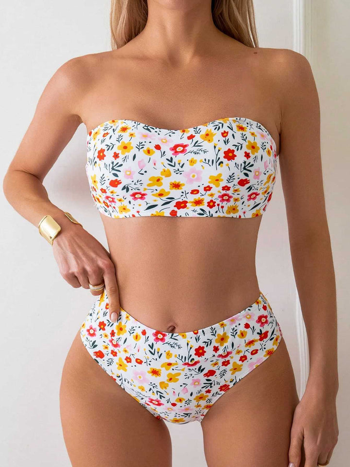 Damen Bandeau-Bikini mit hoch geschnittenem Unterteil und floralem Print Drune