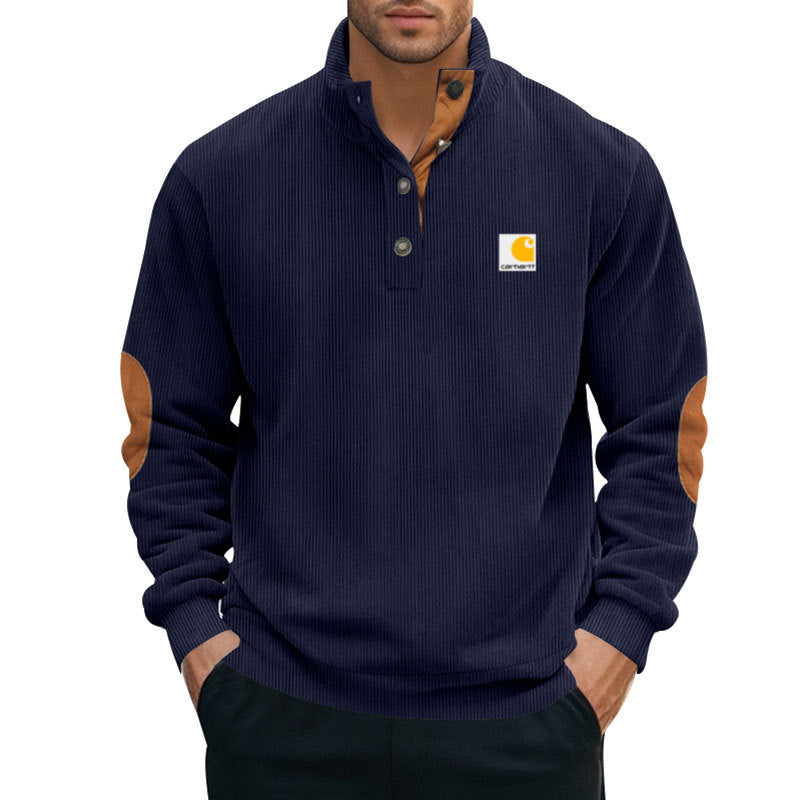 Herren nan Strickpullover im Troyer-Stil mit Stehkragen Lederbesatz Druckknopfleiste und Ellbogen-Patches Drune
