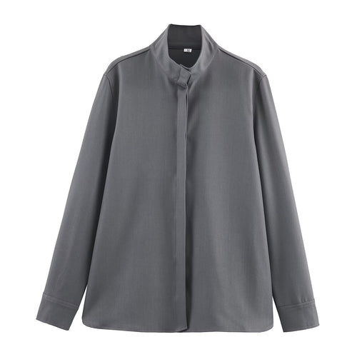 Damen Locker geschnittene Tunika‑Bluse mit verdeckter Knopfleiste und Stehkragen Drune
