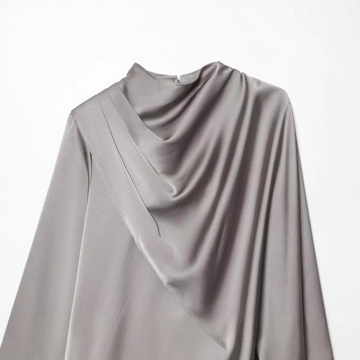 Damen Asymmetrische drapierte Satinbluse mit Wasserfallkragen Drune