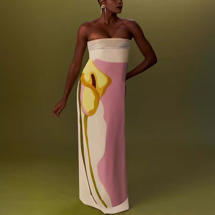 Damen Maxikleid mit trendigen grafischen Designs und schulterfreiem Schnitt Drune