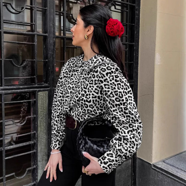 Damen Modische Bluse mit Leopardenmuster und voluminösen Ärmeln Drune