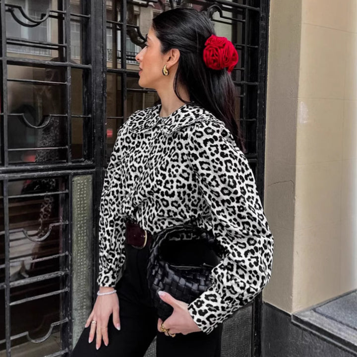 Damen Modische Bluse mit Leopardenmuster und voluminösen Ärmeln Drune