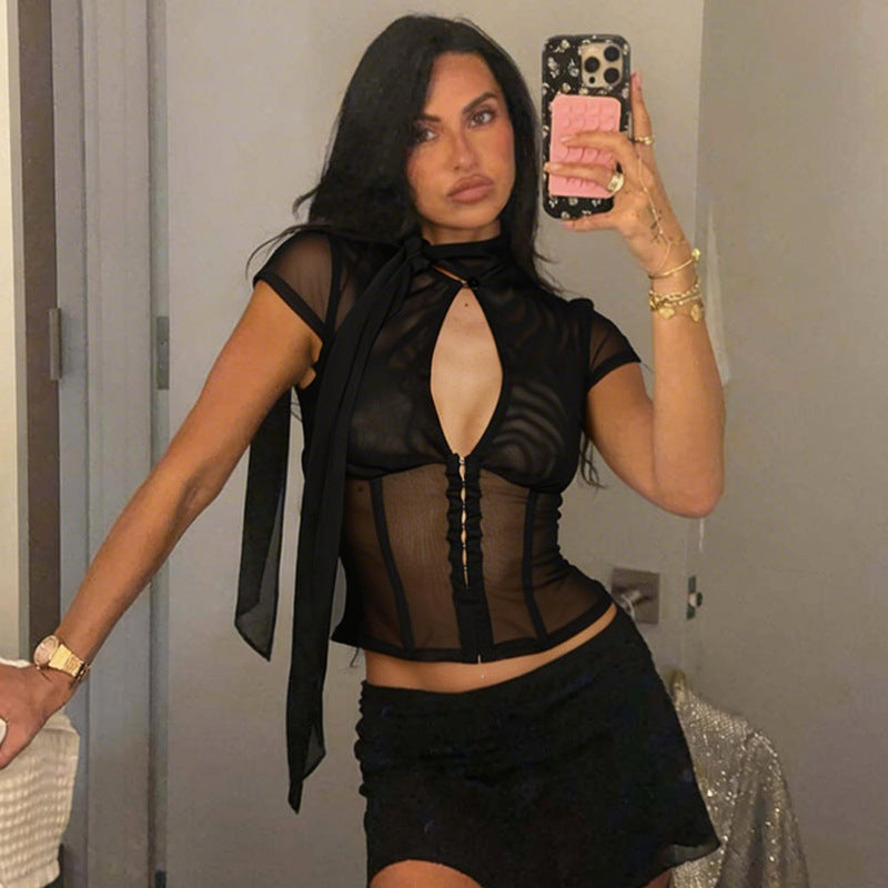 Damen Edles Spitzenoberteil mit dekorativer Schleife und transparentem Design Drune