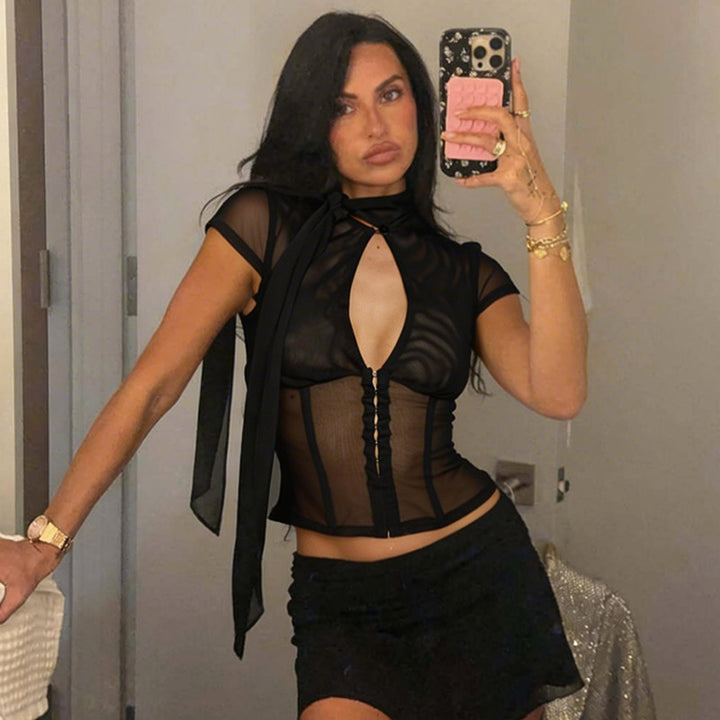 Damen Edles Spitzenoberteil mit dekorativer Schleife und transparentem Design Drune