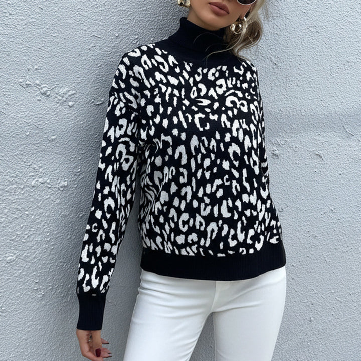 Damen Oversize Feinstrickpullover mit Leoparden-Jacquard und Stehkragen Drune