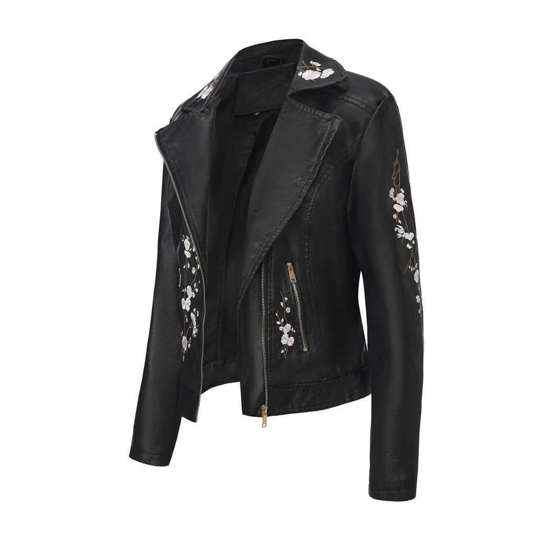 Damen nan bestickte taillierte Kunstleder Bikerjacke mit asymmetrischem Reißverschluss Drune
