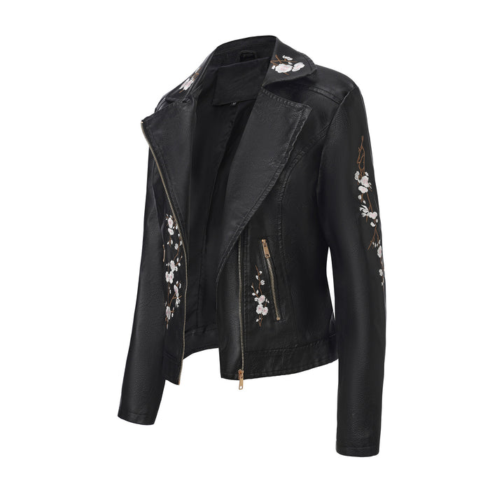 Damen nan bestickte taillierte Kunstleder Bikerjacke mit asymmetrischem Reißverschluss Drune