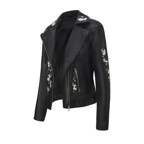 Damen nan bestickte taillierte Kunstleder Bikerjacke mit asymmetrischem Reißverschluss Drune