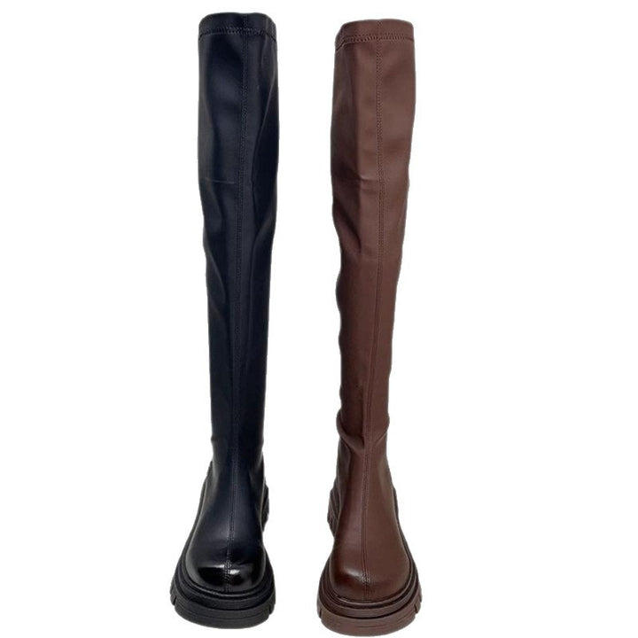 Damen Oberschenkelhohe Stretch-Stiefel mit schlankem Schaft und geformter Plateau-Sohle Drune