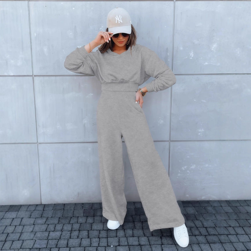 Damen Loungewear-Set mit Cropped V‑Ausschnitt-Pullover und hochtaillierter Palazzohose Drune