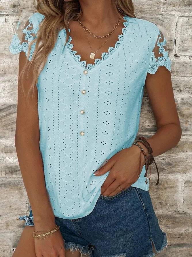 Damen Bluse mit romantischen Rüschen und einzigartiger Lochstickerei Drune