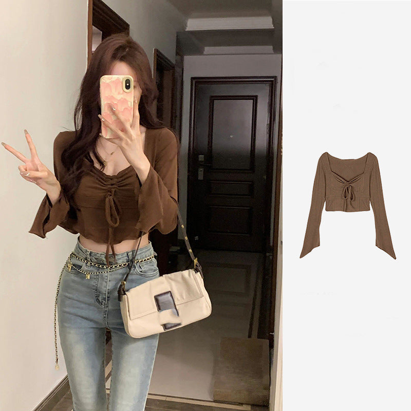 Damen Cropped-Top mit raffiniertem Knoten und weitem Arm Drune